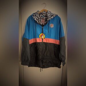 Stylish Blue and Pink Raincoat with Animal Print Hood